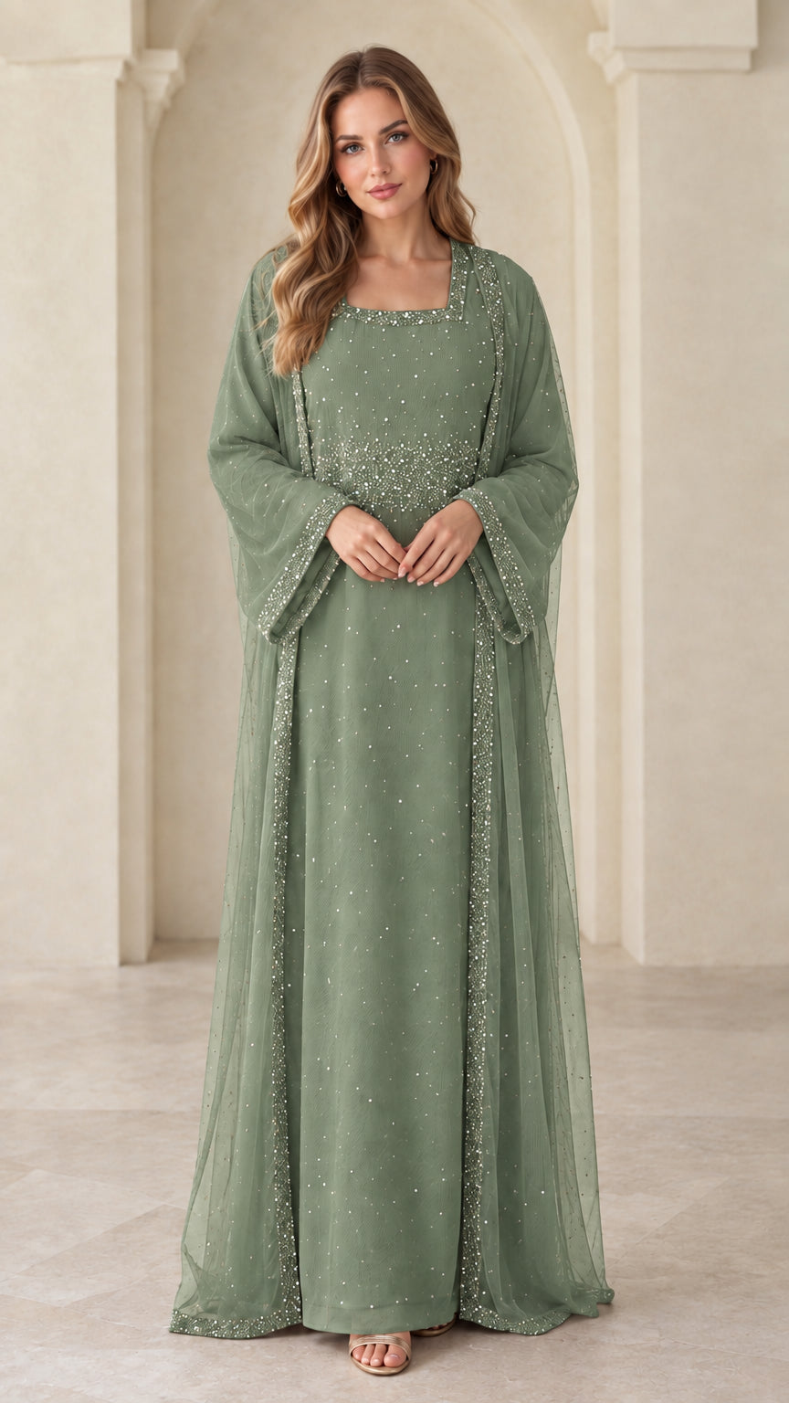 Front view of model wearing sage green beaded layered abaya gown