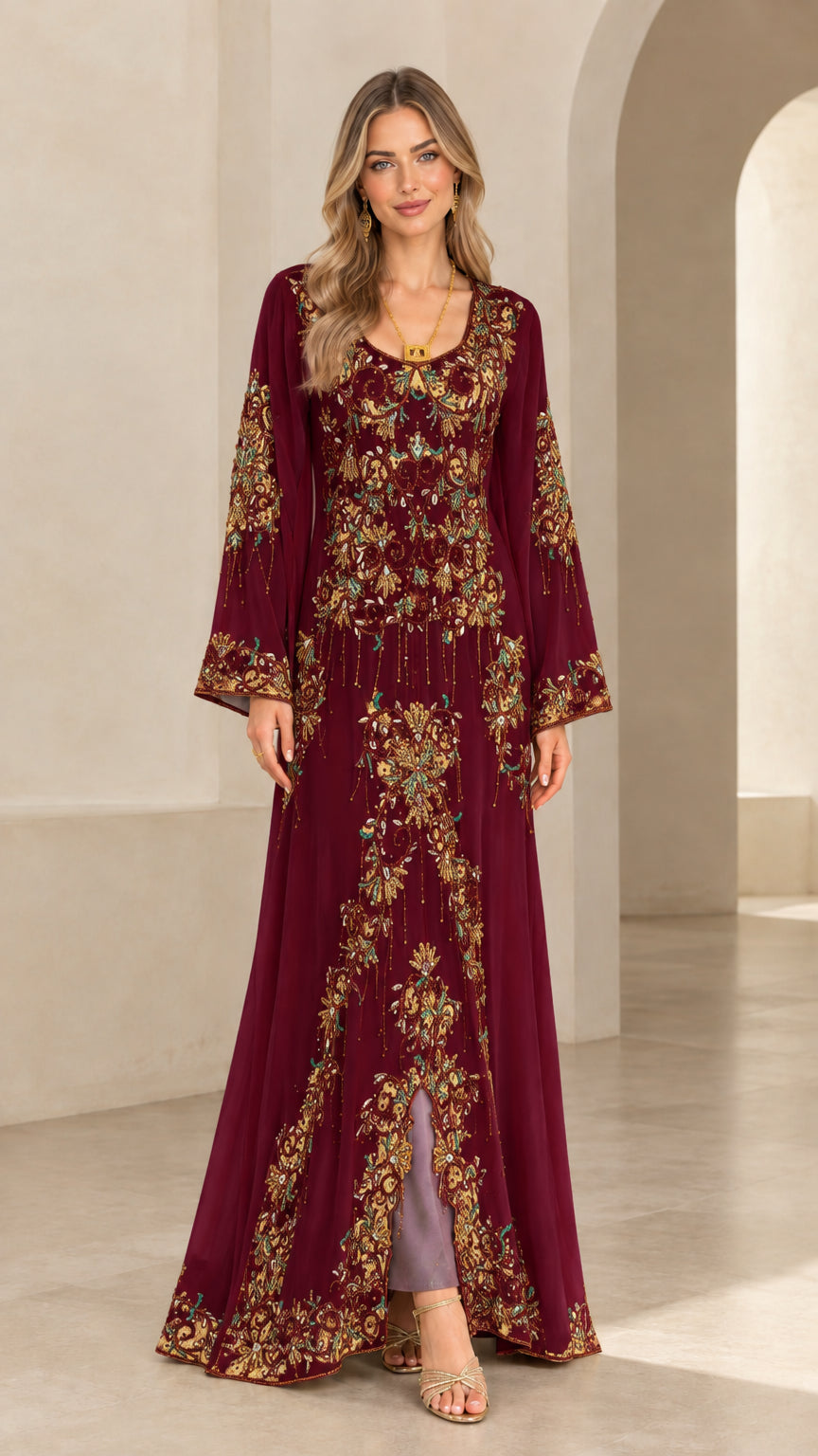 Front full-length view of burgundy embroidered kaftan gown