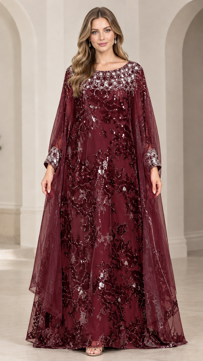 Front view of burgundy red sequin cape sleeve formal maxi dress