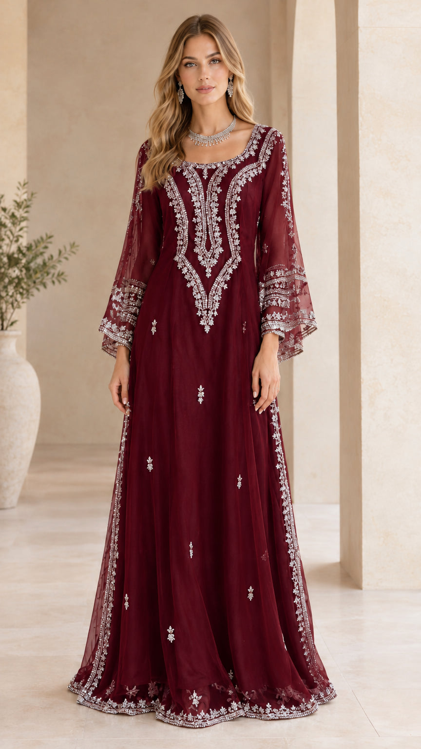 Burgundy wine red embroidered formal evening gown with flared sleeves
