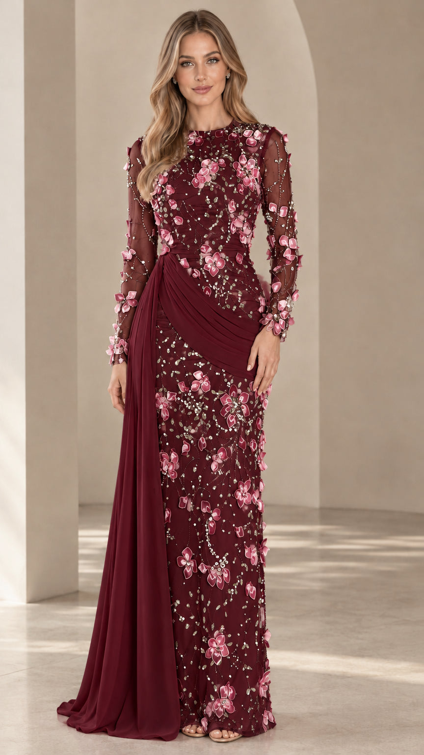 Burgundy wine red formal evening gown with 3D floral embroidery and side drape