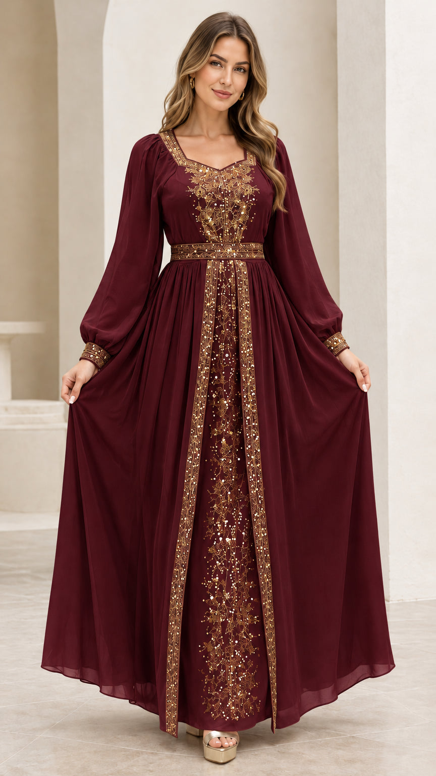 Front view of Burgundy wine red long sleeve sequined maxi party dress