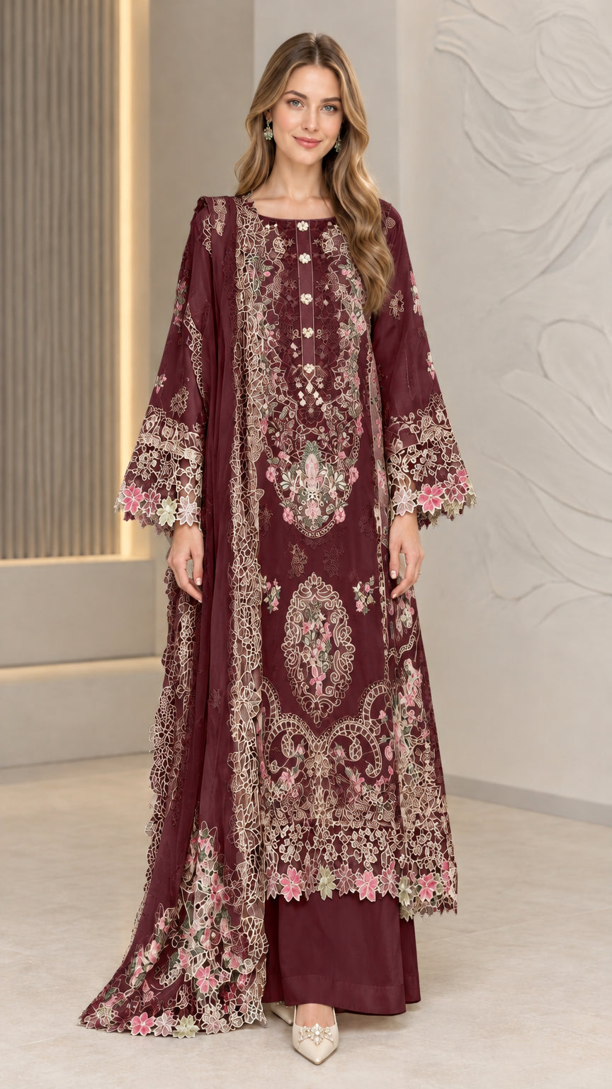 Burgundy wine embroidered 3-piece tunic suit set with contrast lace hem