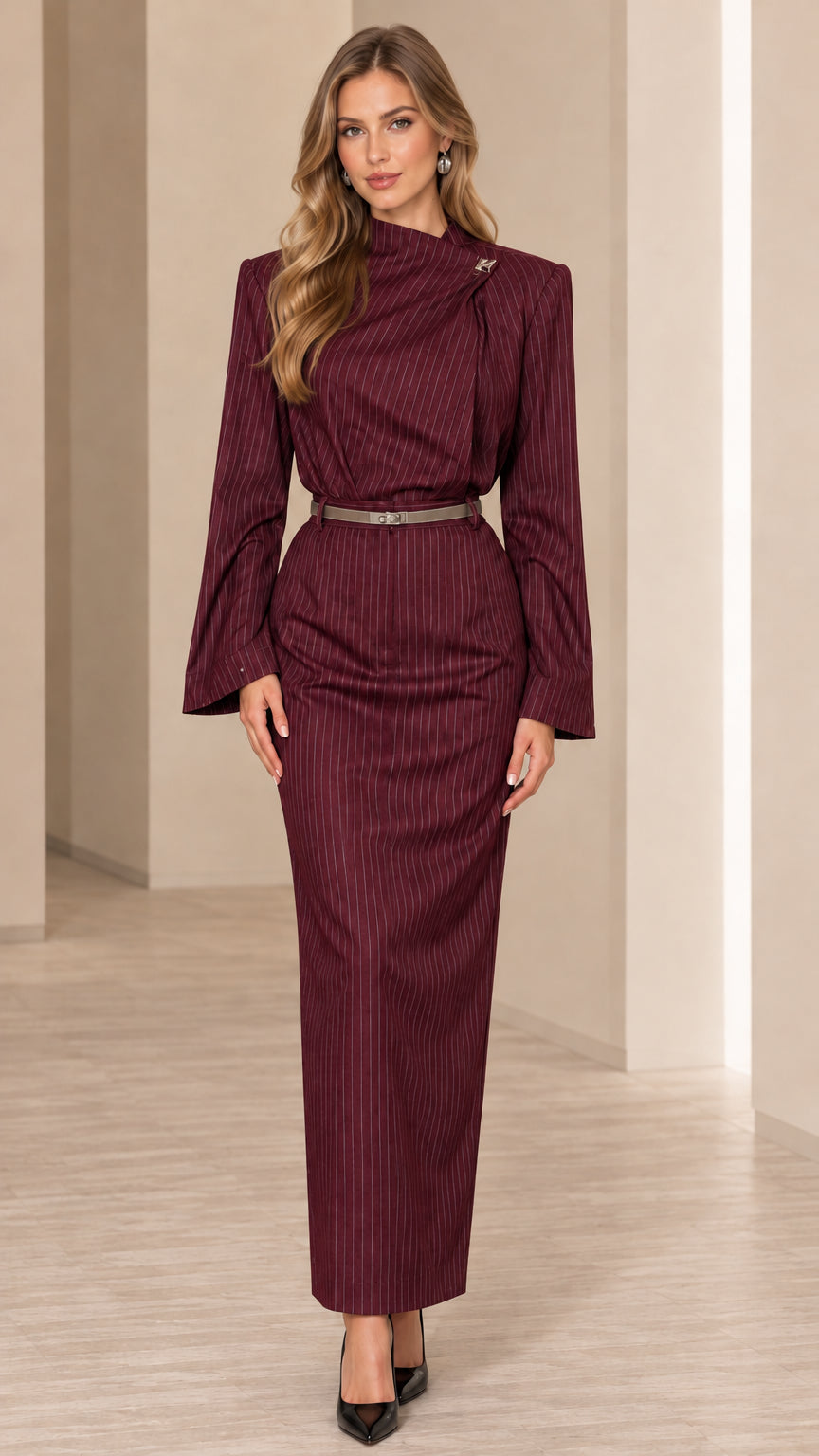 Front view of model wearing burgundy pinstripe belted maxi column dress