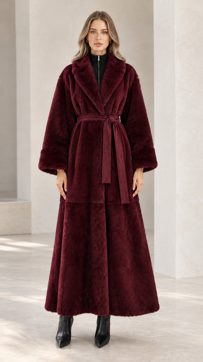 Front full view of burgundy wine red belted faux fur maxi coat