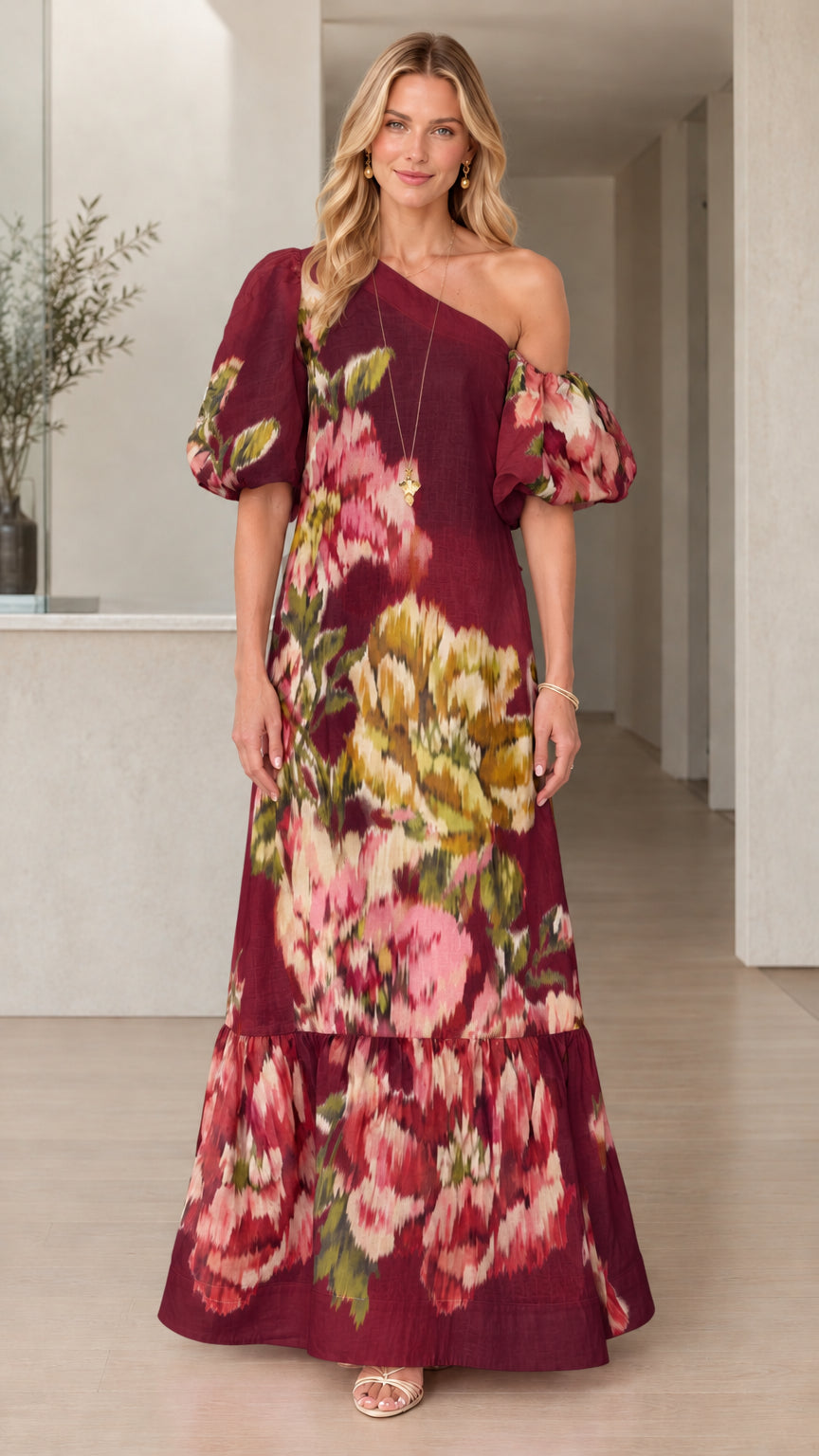Model wearing Burgundy Floral One-Shoulder Puff Sleeve Maxi Dress