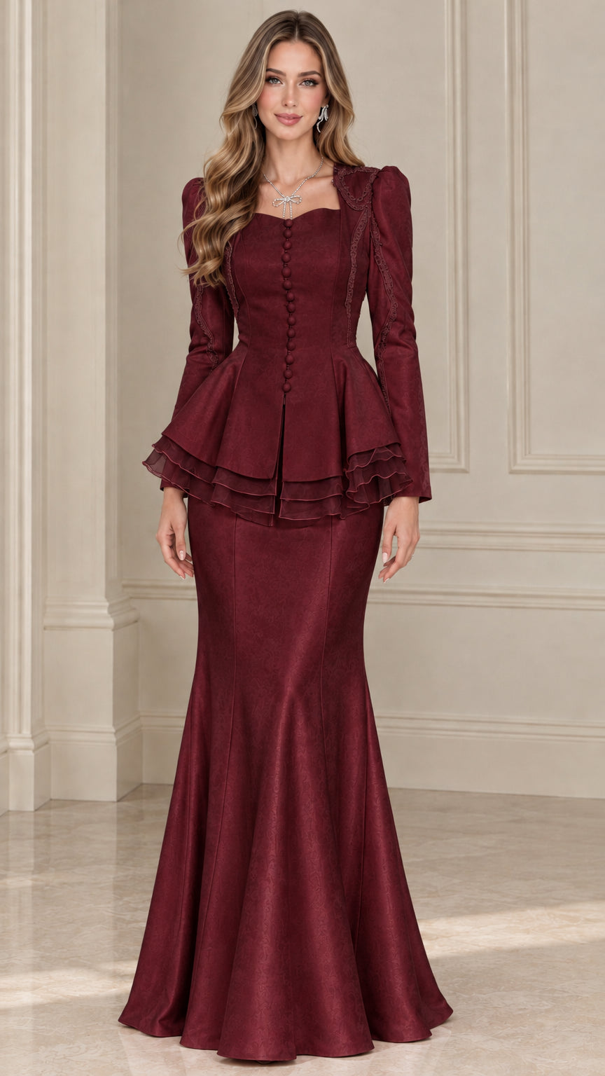 Burgundy wine red long sleeve peplum jacket and mermaid skirt formal dress set
