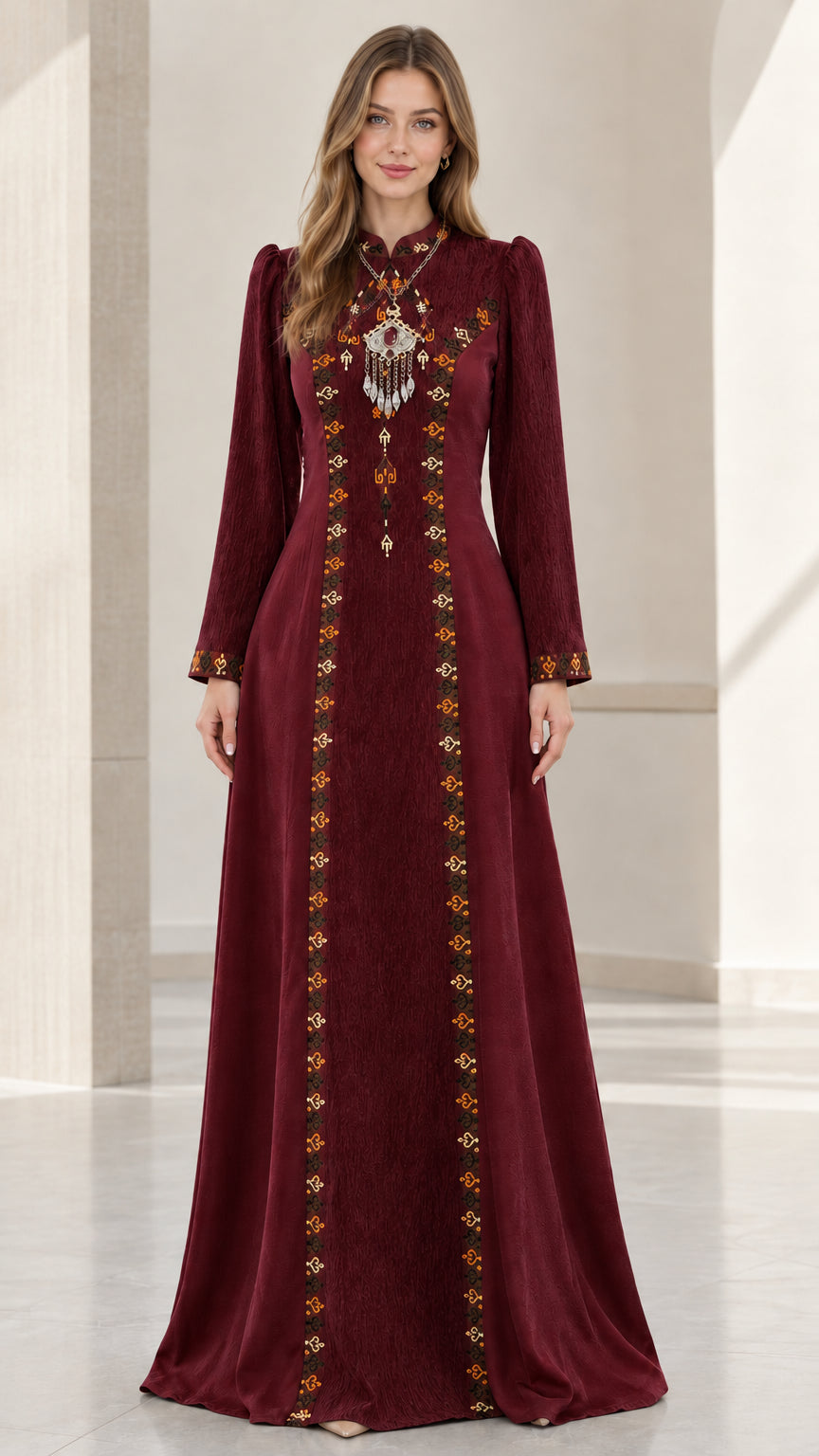 Front full-length view of woman wearing burgundy wine embroidered maxi dress