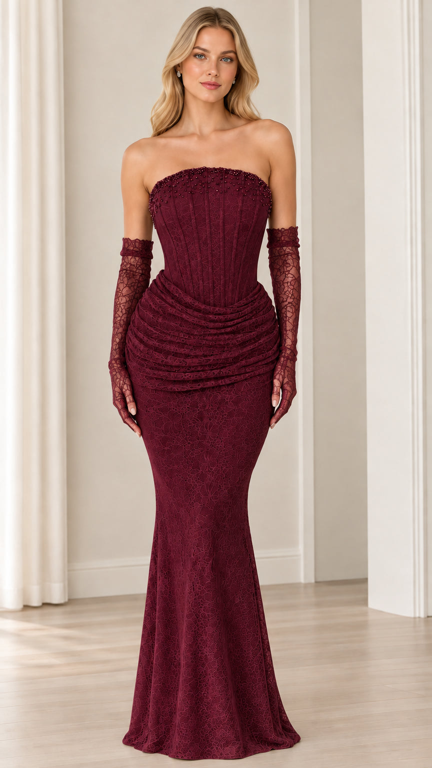 Burgundy wine red strapless beaded corset lace mermaid evening gown with gloves