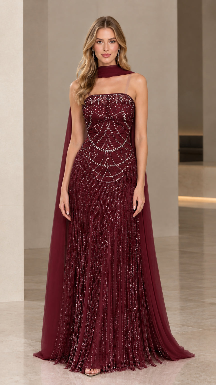 Front view of Burgundy wine beaded fringe maxi formal dress with cape