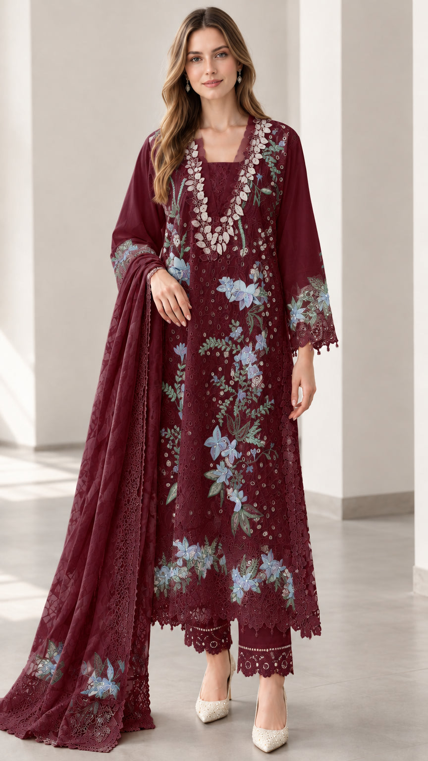 Front view of burgundy wine embroidered 3-piece tunic outfit with shawl