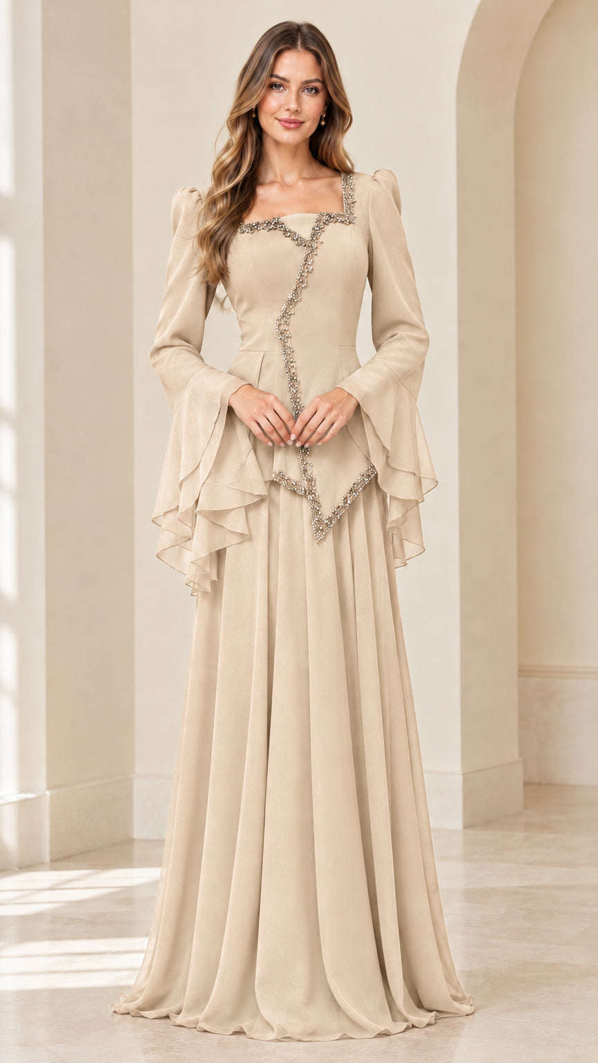 Champagne square neck beaded long sleeve evening gown