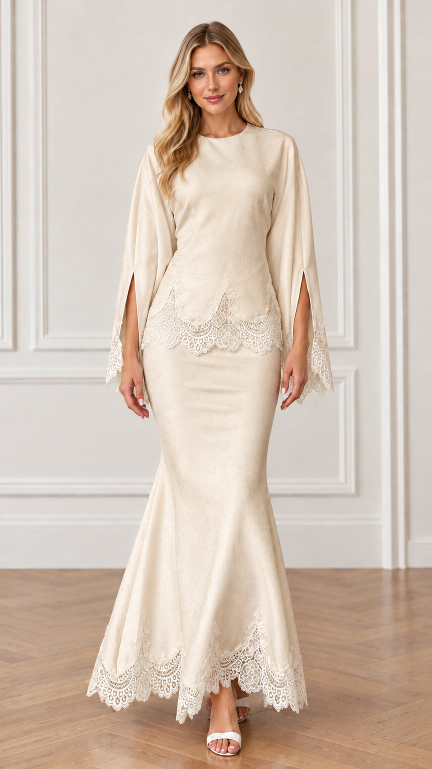 Front view of champagne beige scalloped lace mermaid formal dress
