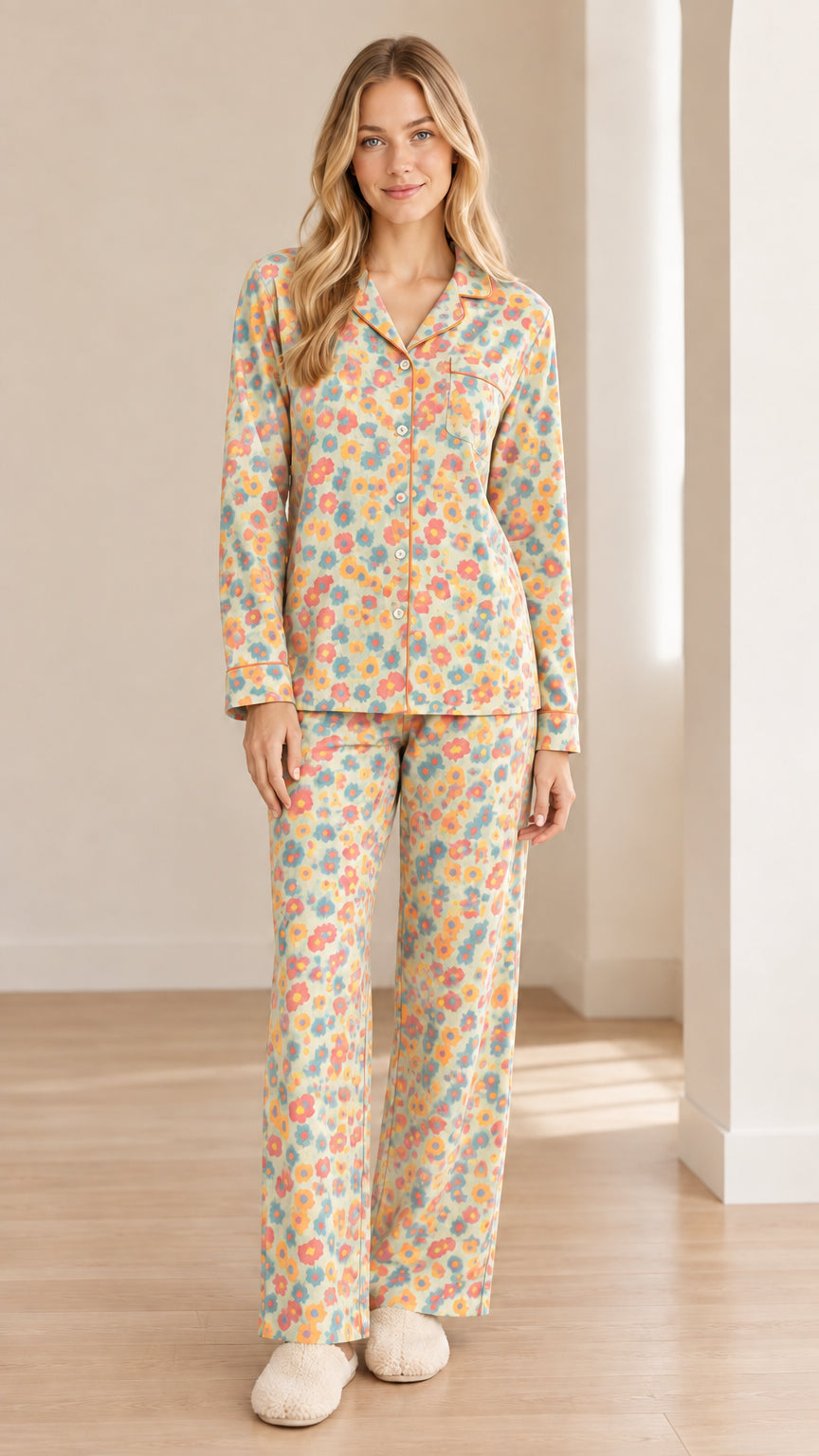 Model wearing cream yellow floral long sleeve pajama set