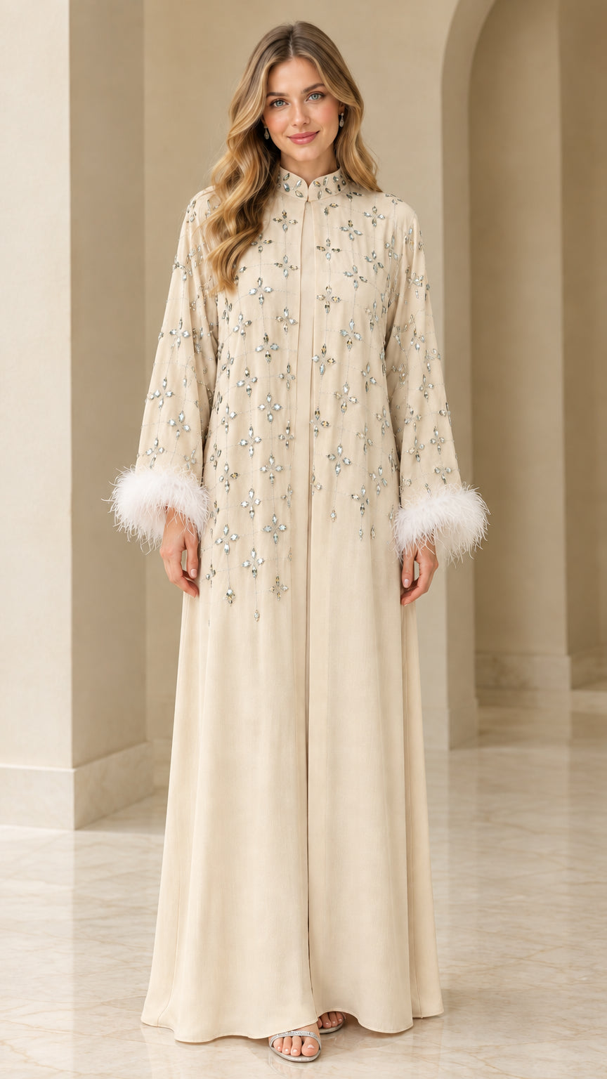 Champagne beige rhinestone embellished kaftan dress with feather cuffs