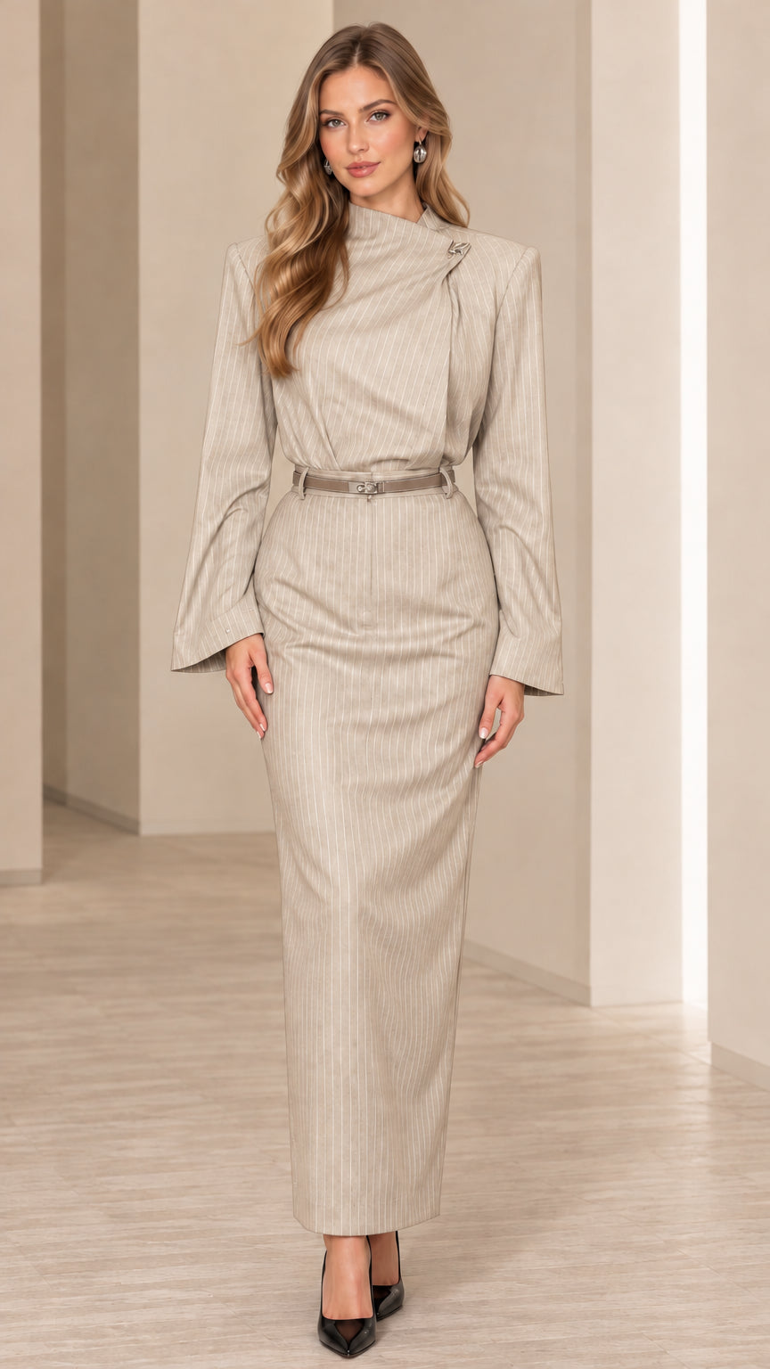 Front view of model wearing beige pinstripe belted maxi column dress