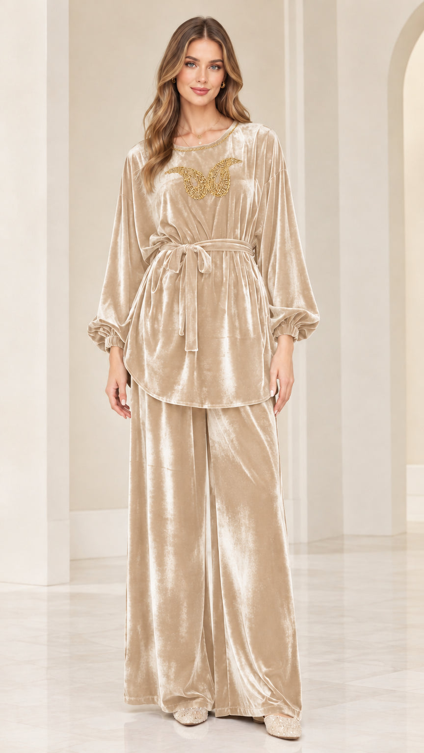 Front view of champagne beige velvet embellished matching two piece pants set