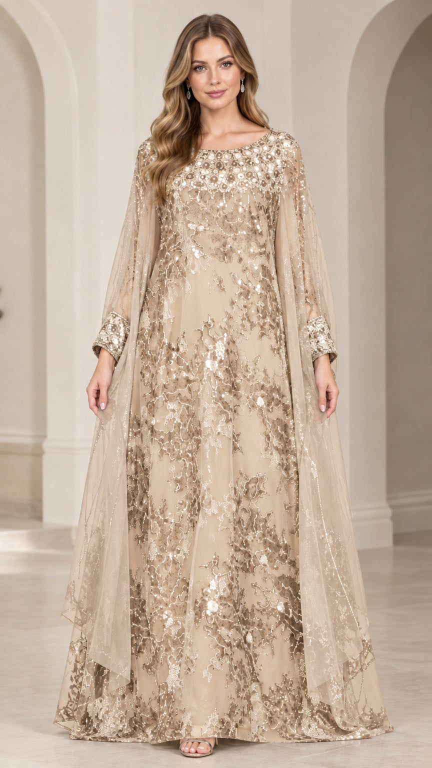 Front view of champagne gold sequin cape sleeve formal evening gown