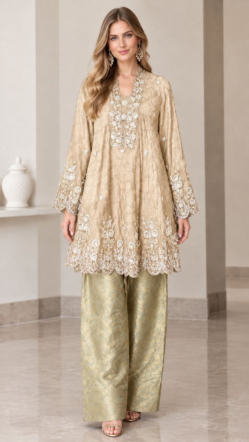 Model wearing champagne gold embroidered flared tunic top