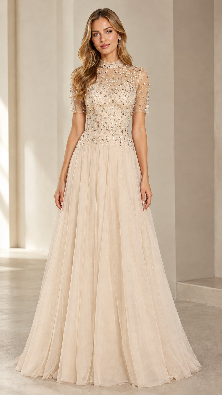 Champagne high neck beaded tulle formal gown