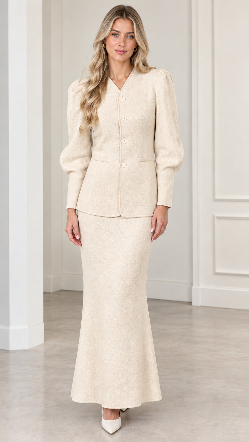 Front view of woman wearing Cream puff sleeve jacket and maxi skirt set