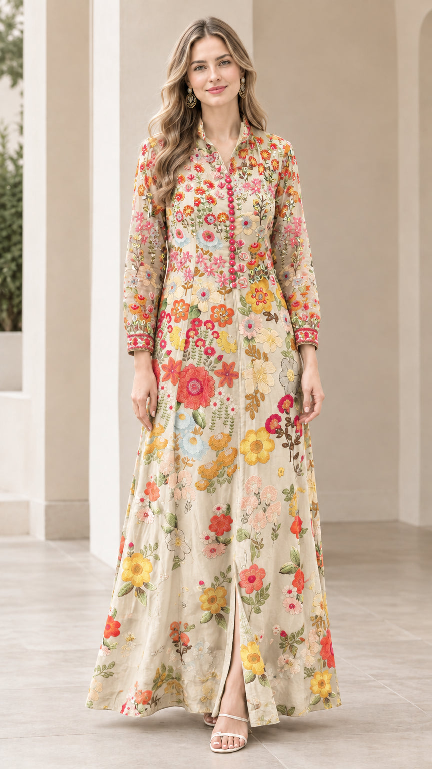 Front full-length view of model wearing cream floral print maxi dress