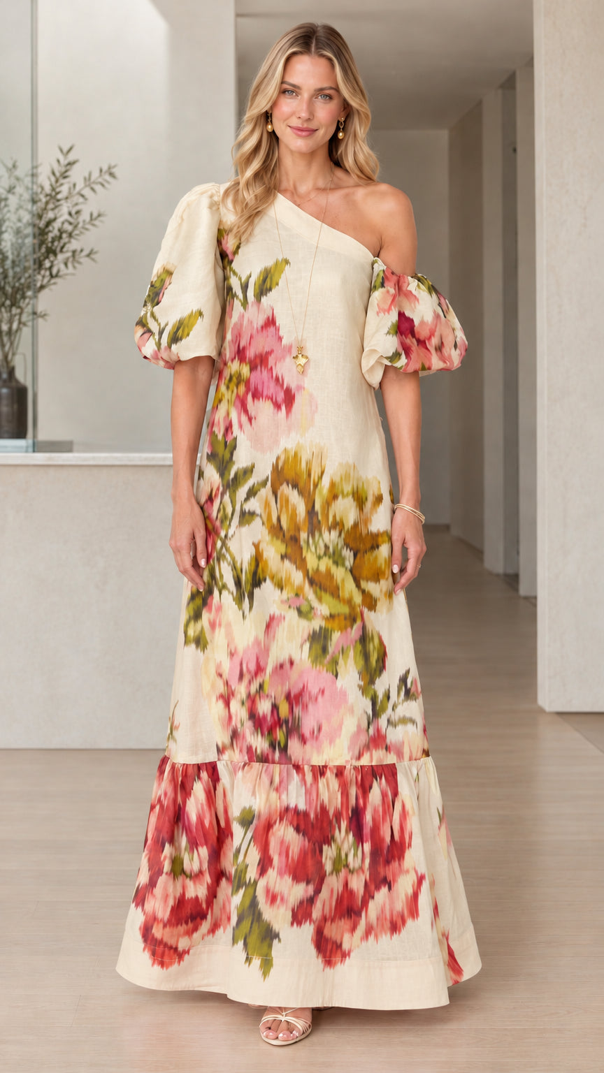 Model wearing Cream Floral One-Shoulder Puff Sleeve Maxi Dress