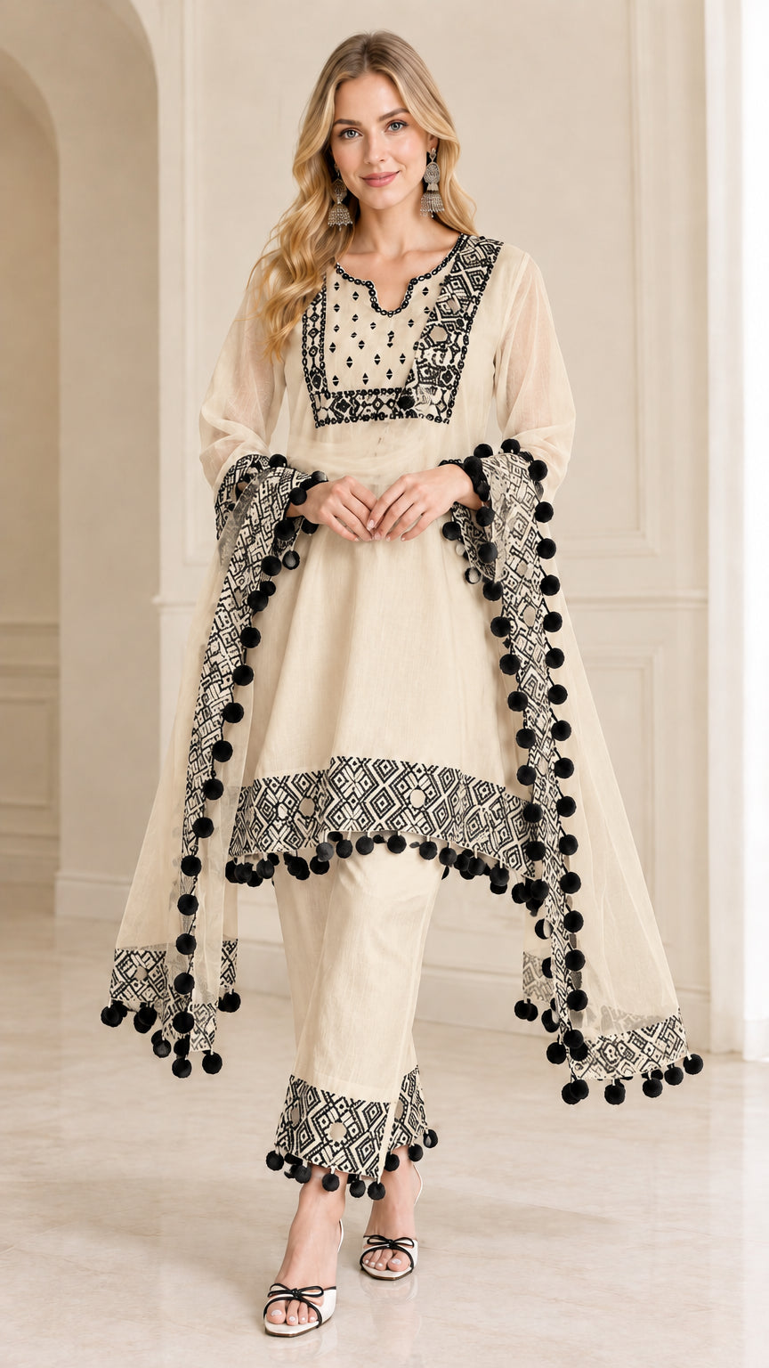 Women's beige 3-piece tunic pants set with black contrast trim and scarf