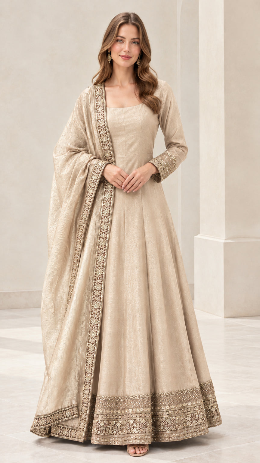 Champagne beige full-length ethnic Anarkali dress with embroidered hem