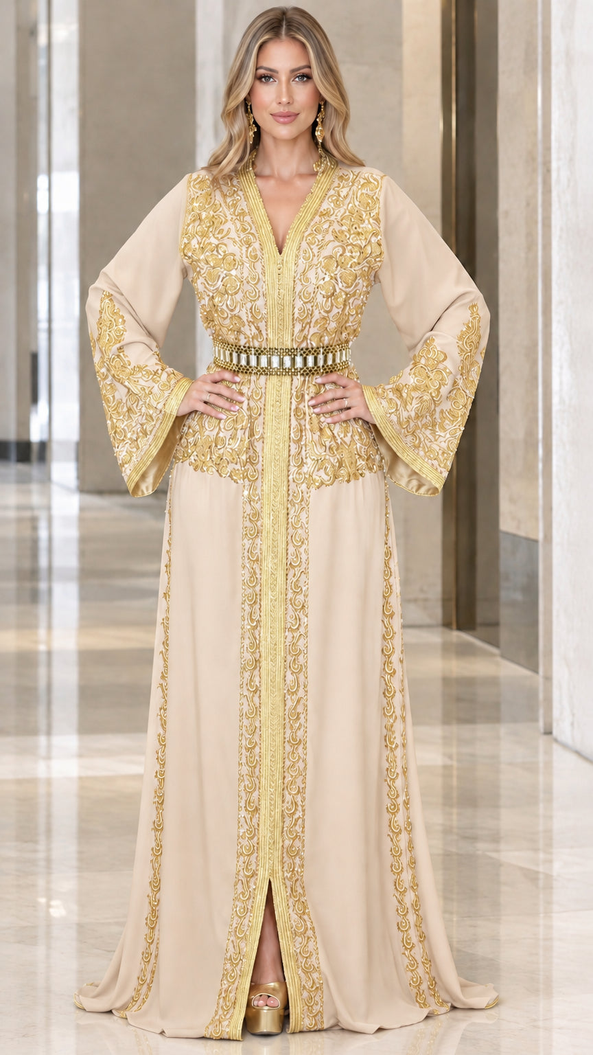 Front view of champagne beige embroidered kaftan maxi dress with jeweled belt