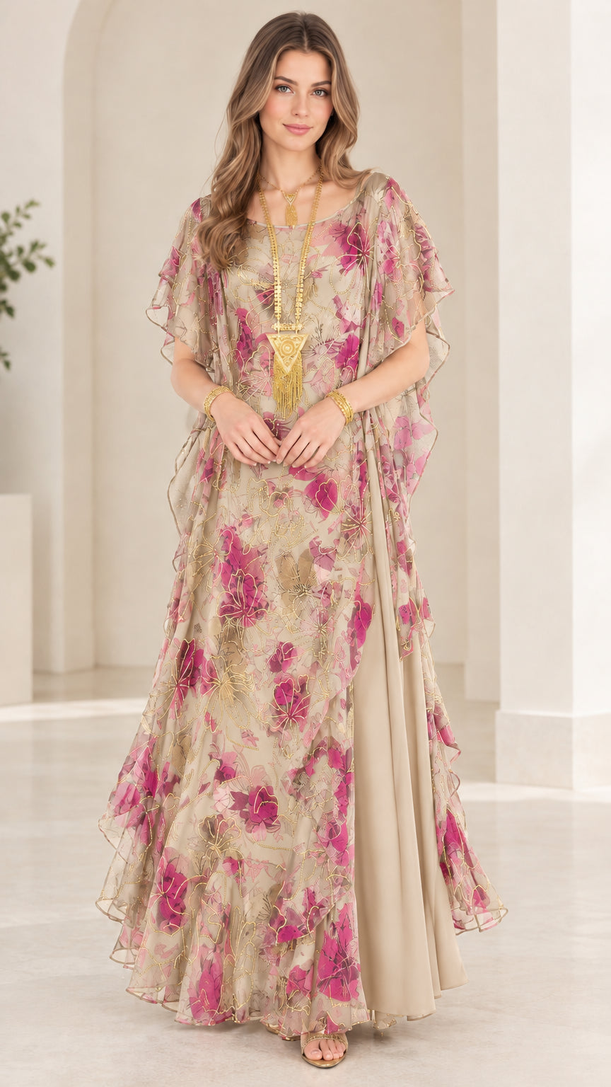 Champagne floral chiffon tiered kaftan maxi dress front view