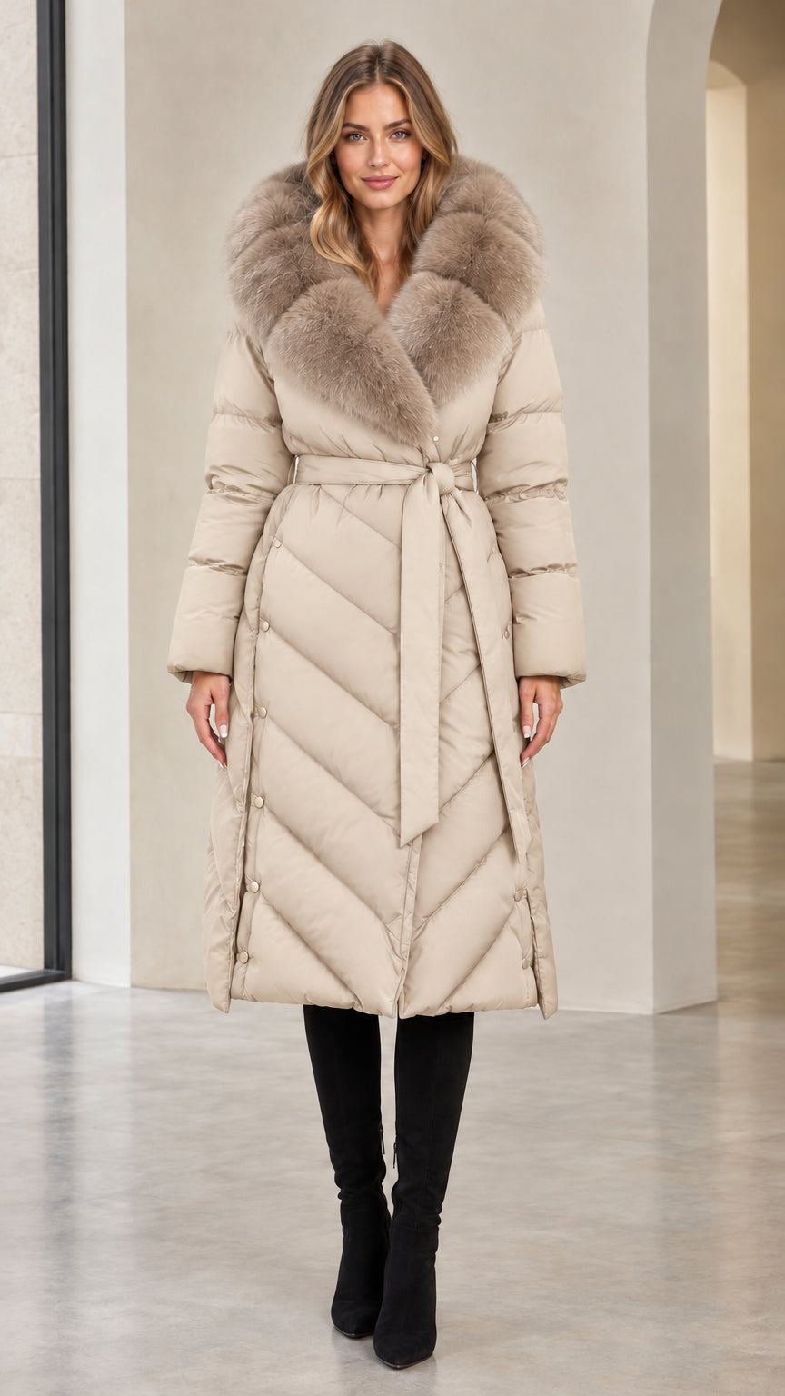 Full-length view of woman in warm beige long belted puffer coat with neutral faux fur collar