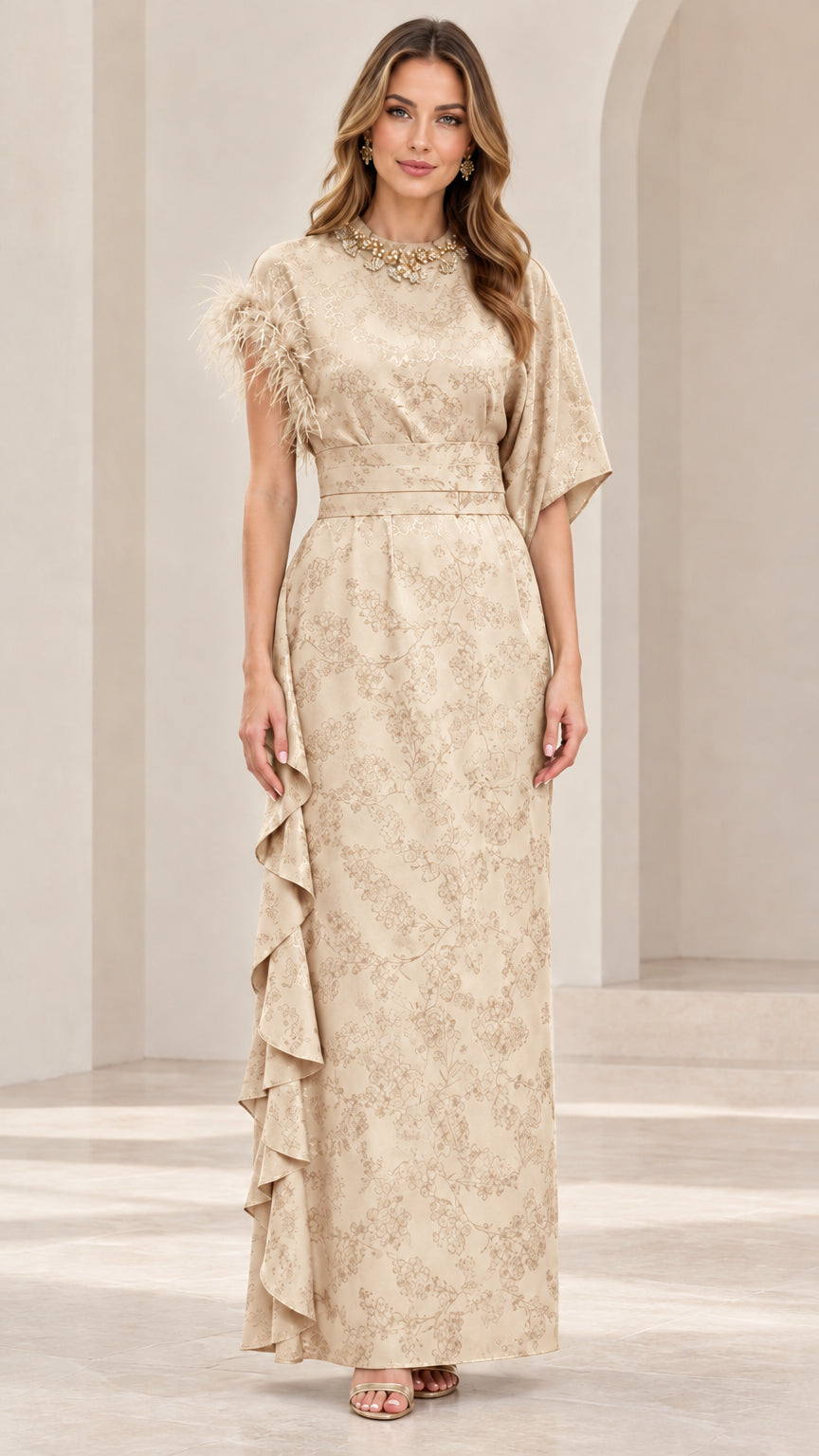 Model wearing champagne beige floral jacquard formal maxi gown with embellished collar