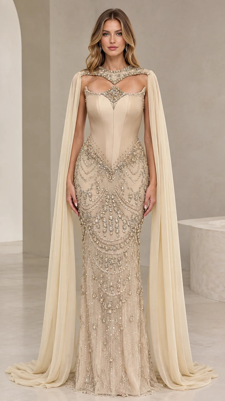 Champagne embellished corset evening gown with dramatic chiffon cape sleeves front view