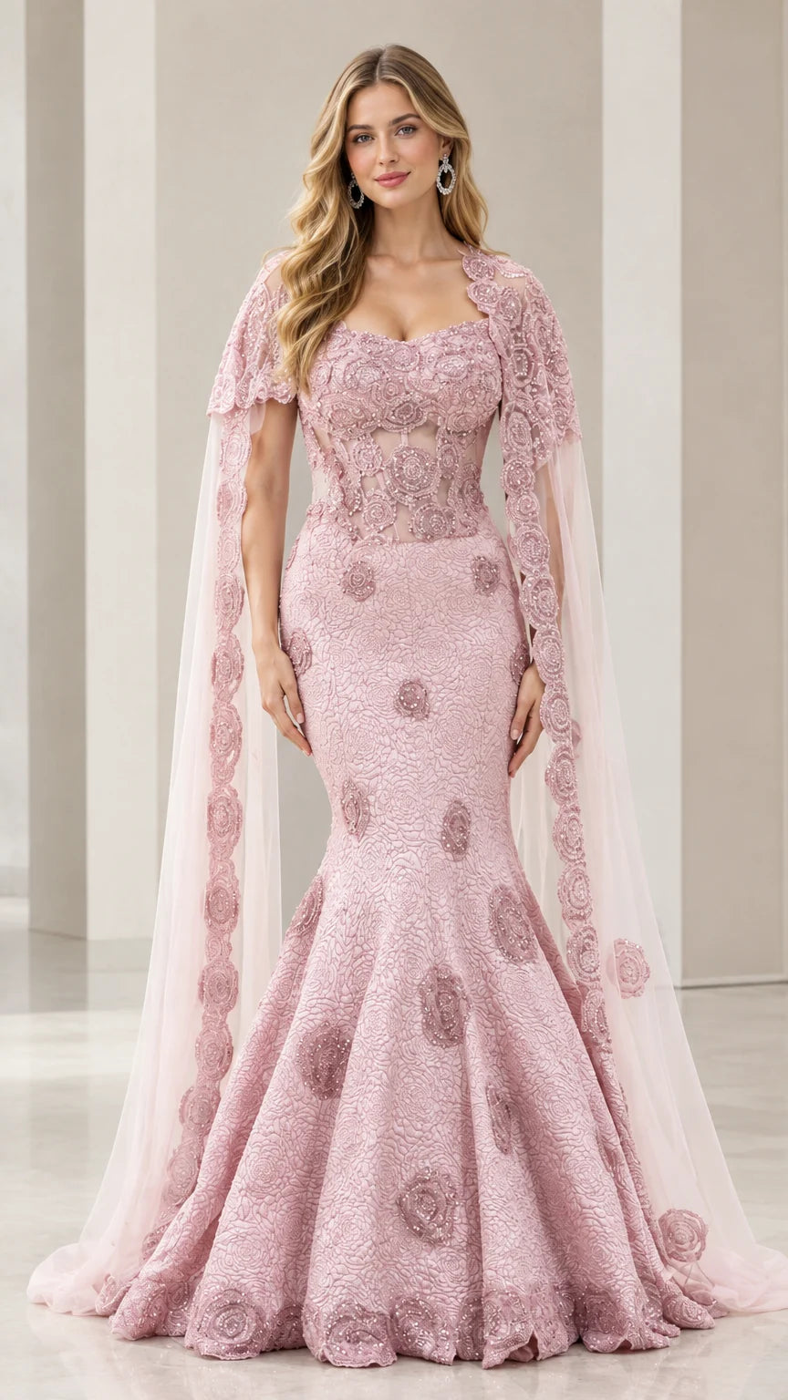 Front view of woman wearing Dusty Rose mermaid evening gown with sheer cape sleeves and floral lace bodice