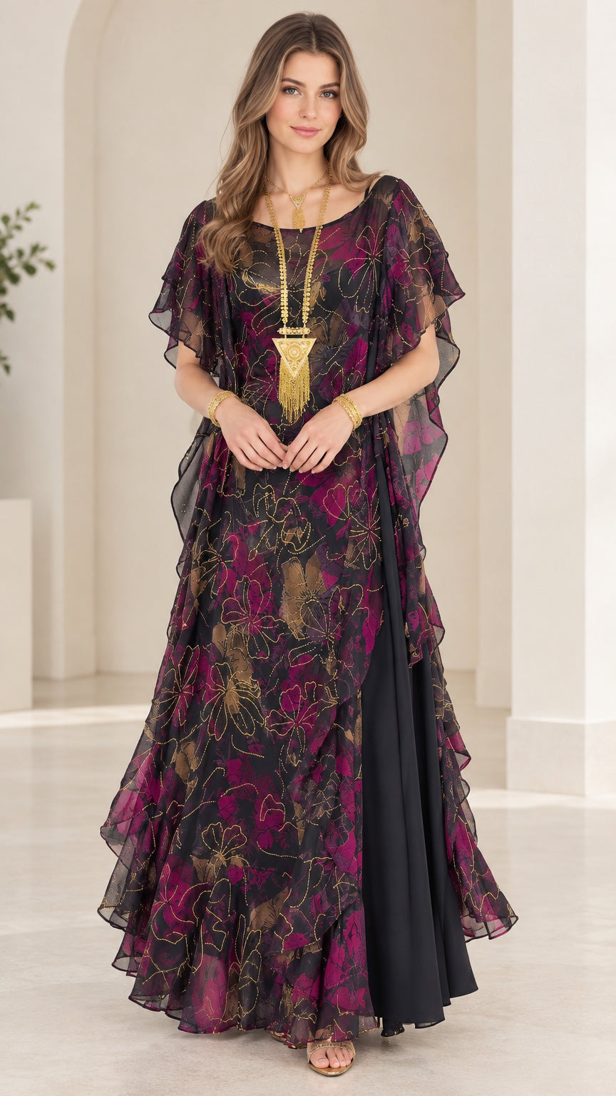 Model wearing black floral chiffon tiered ruffle maxi dress with gold necklace
