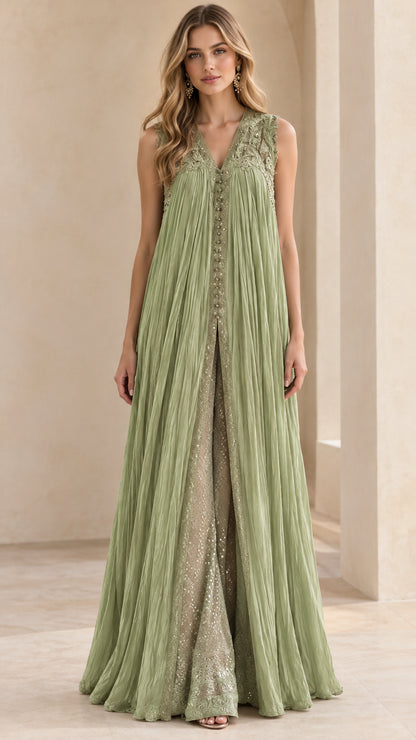 Front view of woman wearing sage green embroidered pleated tunic and shimmering wide leg pants set