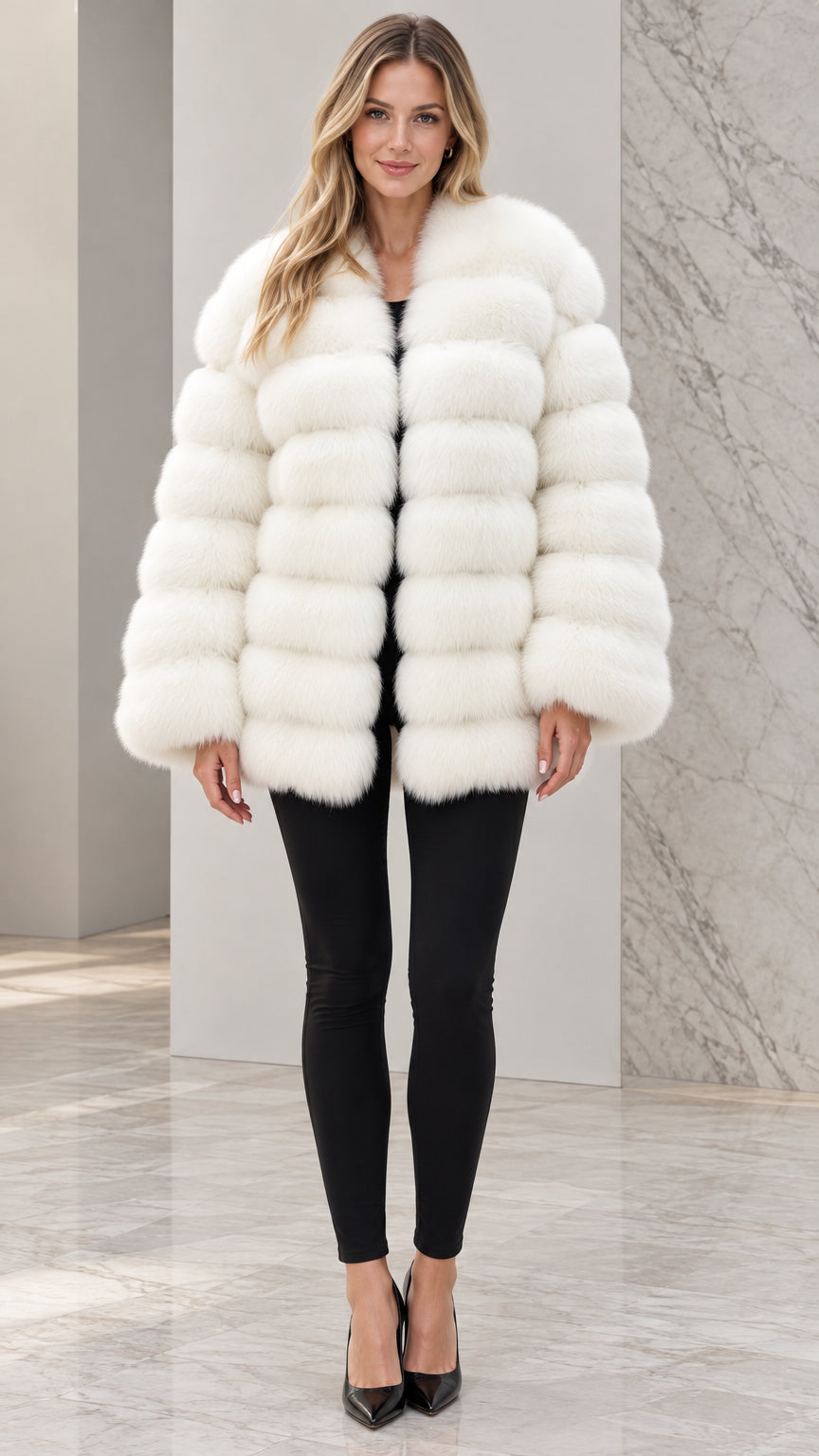 Front view of model wearing white striped plush faux fur coat with black pants and heels