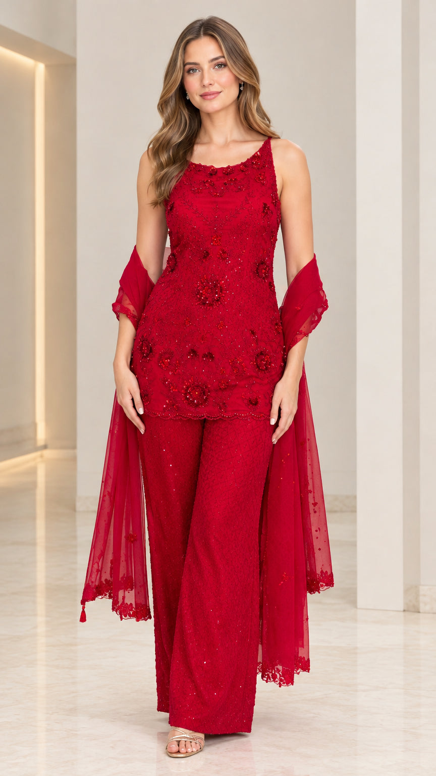Full-length front view of red 3-piece formal pant suit with beaded tunic and shawl