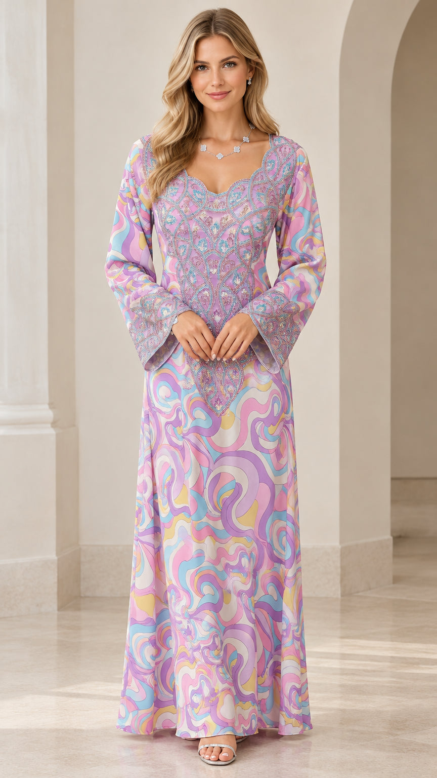Front full-length view of model wearing Lavender Multi swirl print long sleeve maxi dress with beaded neckline
