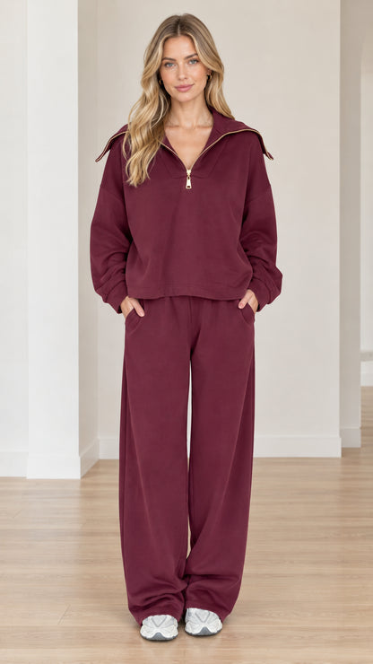 Full front view of model wearing burgundy half-zip sailor collar sweatshirt and wide-leg pants lounge set