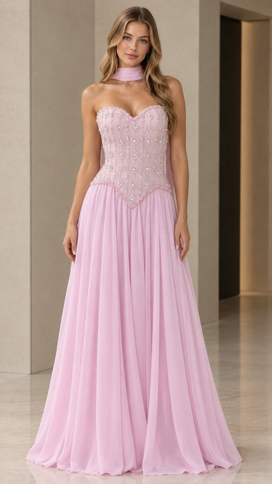 Front view of model wearing pink beaded basque waist evening gown with neck scarf