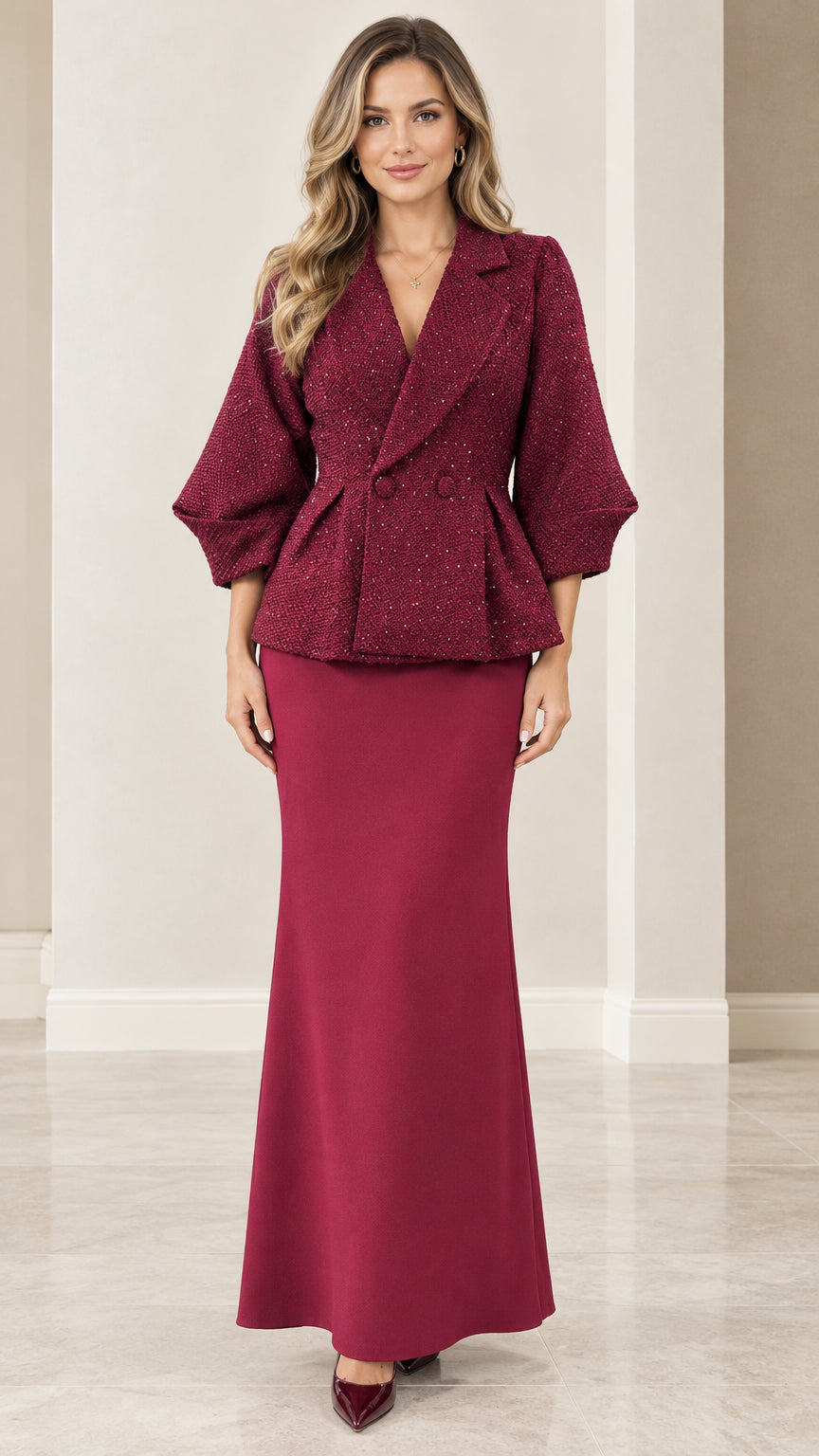 Burgundy textured peplum jacket and maxi skirt two-piece set front view
