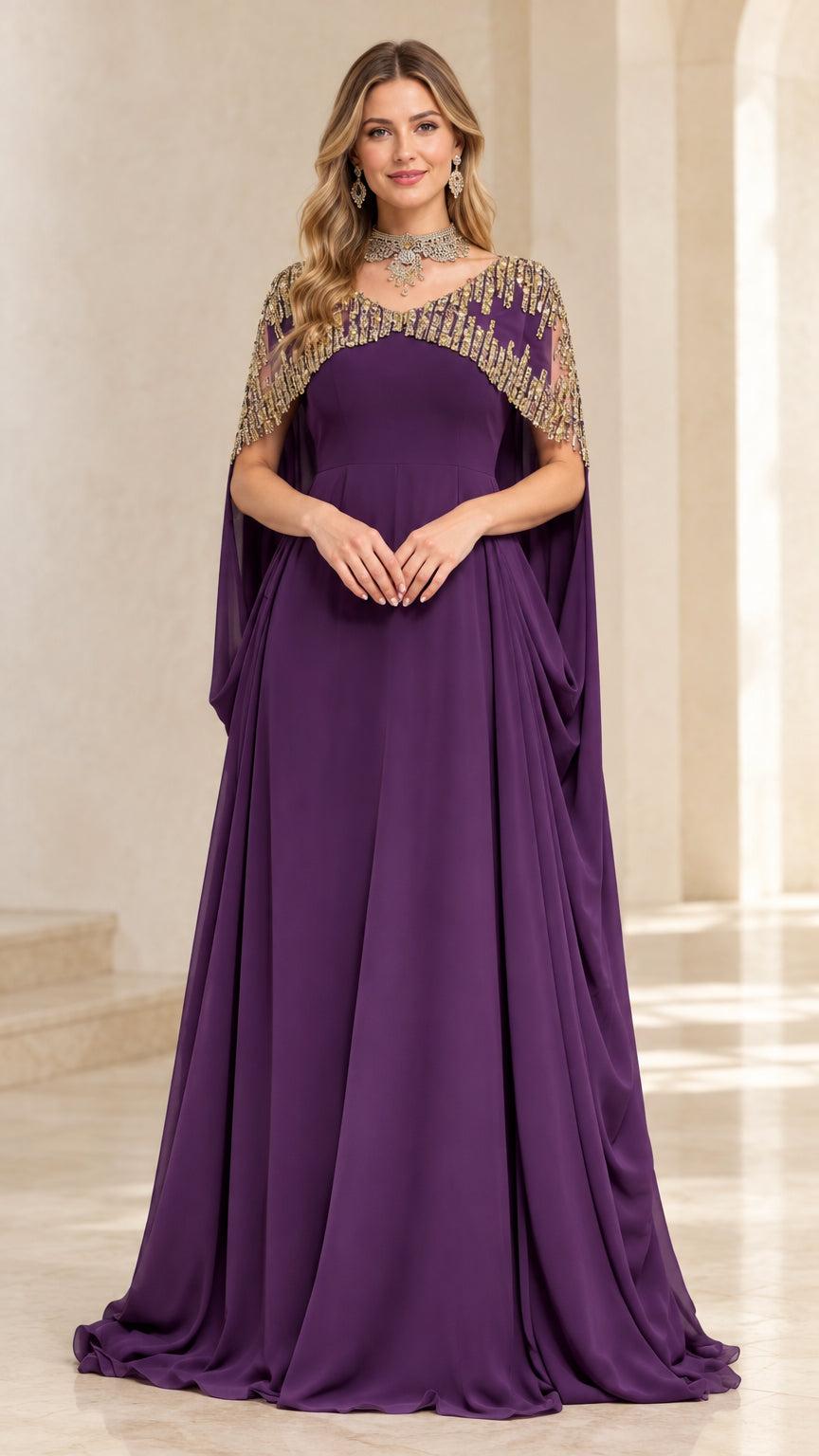 Front full-length view of model wearing purple chiffon evening gown with beaded cape