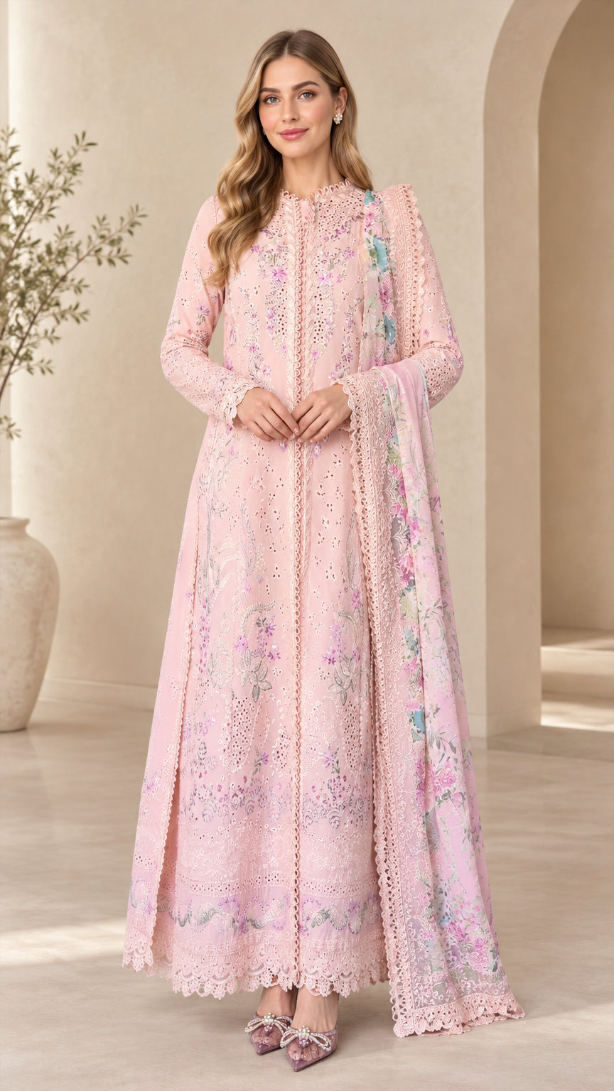 Blush Pink floral embroidered eyelet lace maxi dress with matching scarf front view