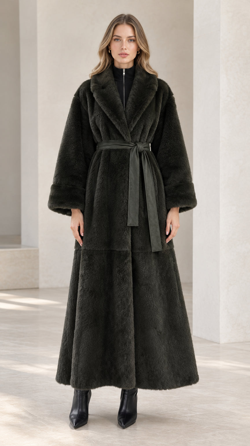 Front full view of dark green belted faux fur maxi coat