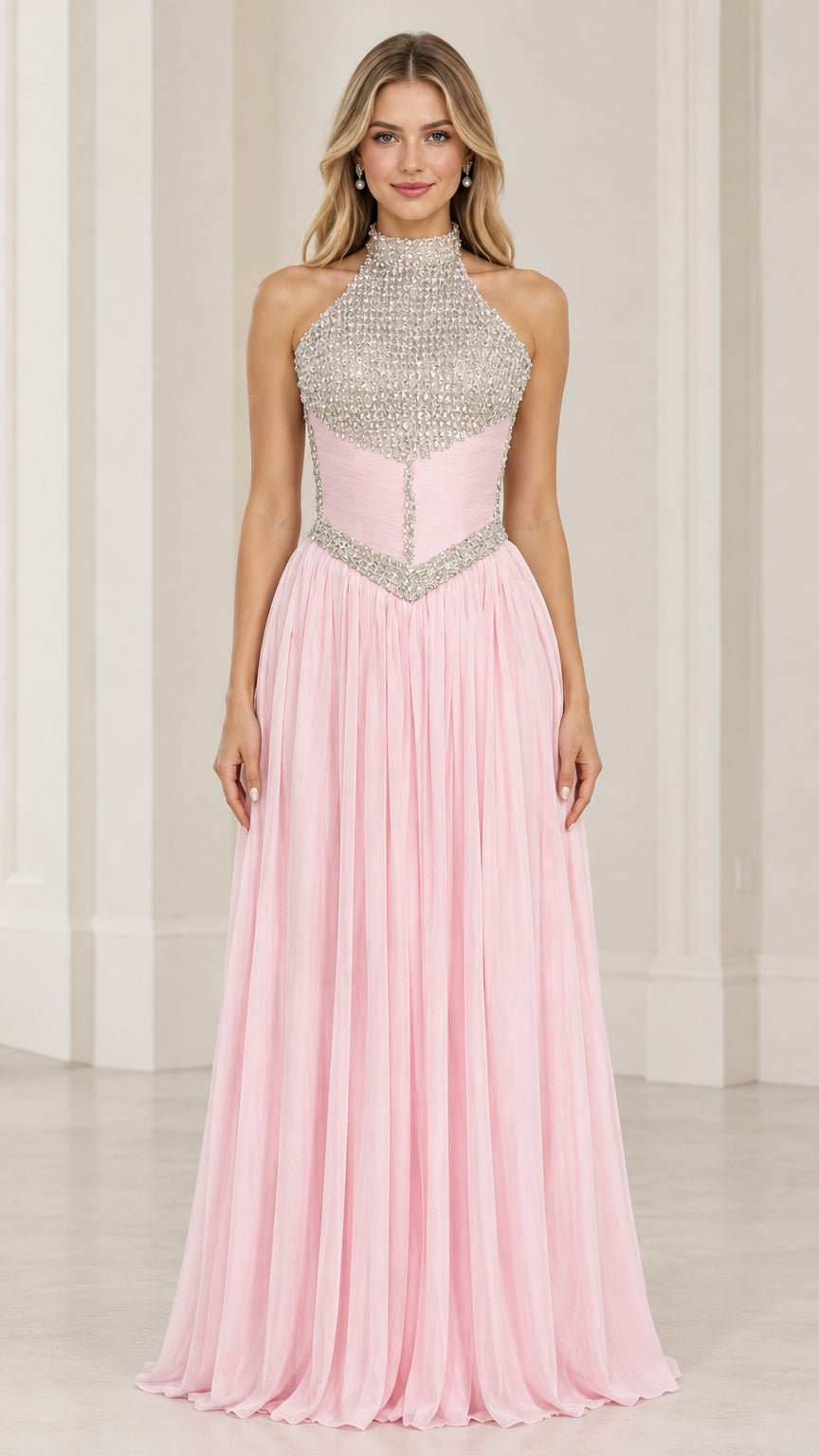 Front view of model wearing pink rhinestone halter neck corset waist evening gown