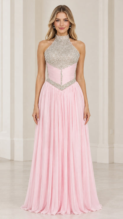 Front view of model wearing pink rhinestone halter neck corset waist evening gown