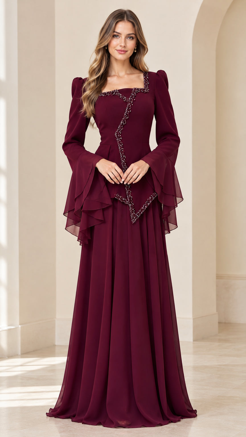 Burgundy square neck chiffon evening gown with tiered bell sleeves front view