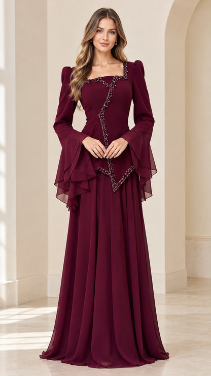 Burgundy square neck chiffon evening gown with tiered bell sleeves front view